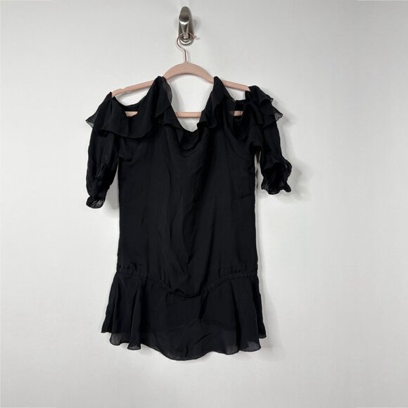 2/$30 White House Black Market Ruffled Cold Shoulder Silk Tunic Blouse XS #9908 - Picture 3 of 8